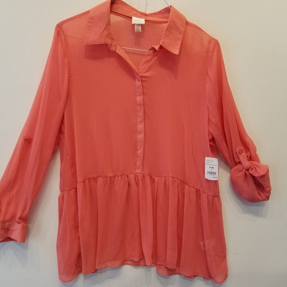 Cupio New Sheer Blouse Button Down Coral Pink Cool Lightweight Top Size L‎